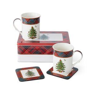 Spode Christmas Tree 5 Piece Mugs Coasters Tin Set